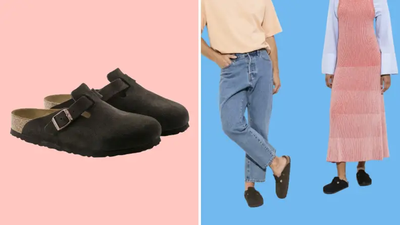 A pair of Birkenstock Boston Clogs and two models wearing the same shoes.