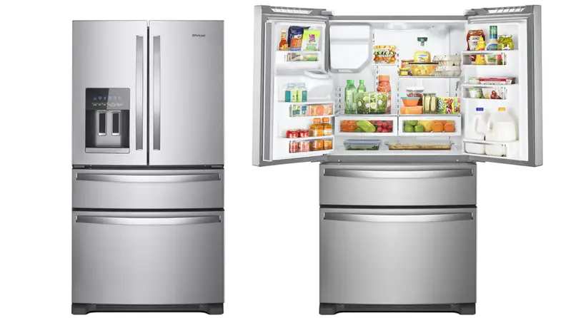 A side-by-side image of the WRX735SDHZ French-door refrigerator. On the left it has its doors closed; on the right its doors are open, showing an interior fully stocked with groceries.