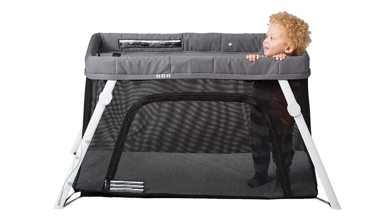 The Lotus travel crib folds down easily and comes with a backpack-style case for easy transport.