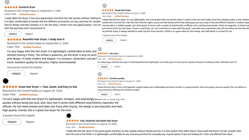 Multiple screenshots of Amazon hair dryer reviews that all sound the same
