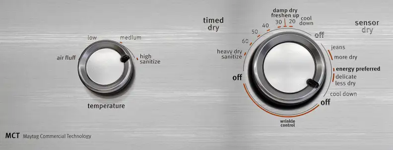 The Maytag Centennial MEDC415EW's four temperature settings can be selected regardless of the preferred cycle.