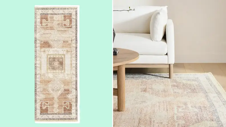 Tan colored abstract area rug.