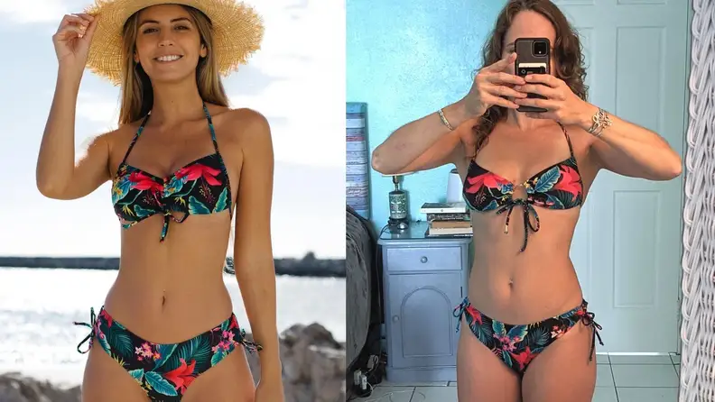 Two women wearing the same tropical print bikini