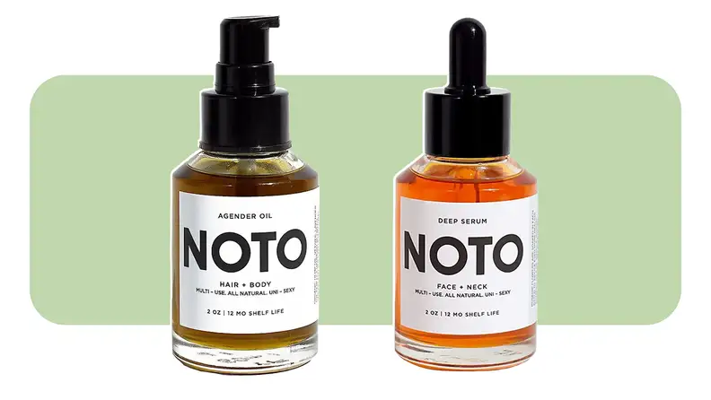 A pump bottle of skincare sits next to a dropper bottle that contains an orange liquid.