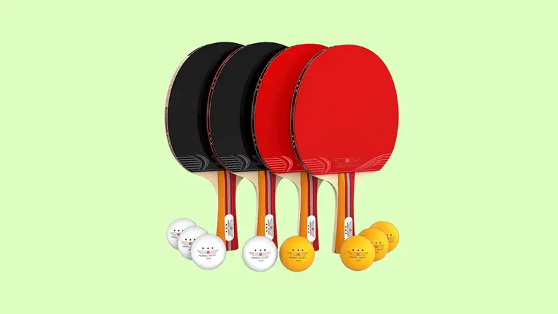 A Nibiru set of ping pong balls and paddles on a lime green background.