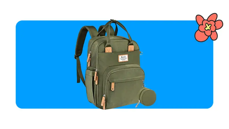 An olive green Ruvalino diaper backpack with a top handle in front of a blue background with a red cartoon flower in the corner.