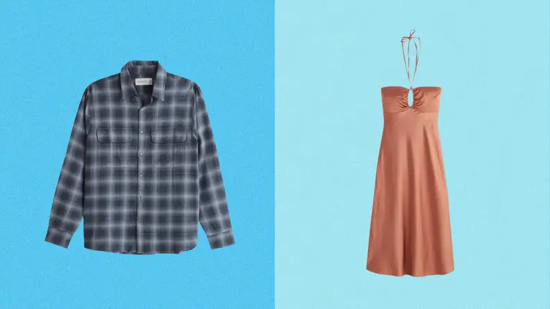 A button-up shirt and pink dress against a blue background.