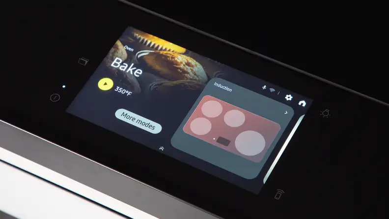 The touchscreen control panel on Samsung Bespoke NSI6DB990012AA Induction Range showing the burner layout and baking function.