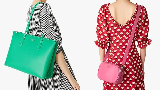 Woman carrying green tote, and woman carrying pink crossbody