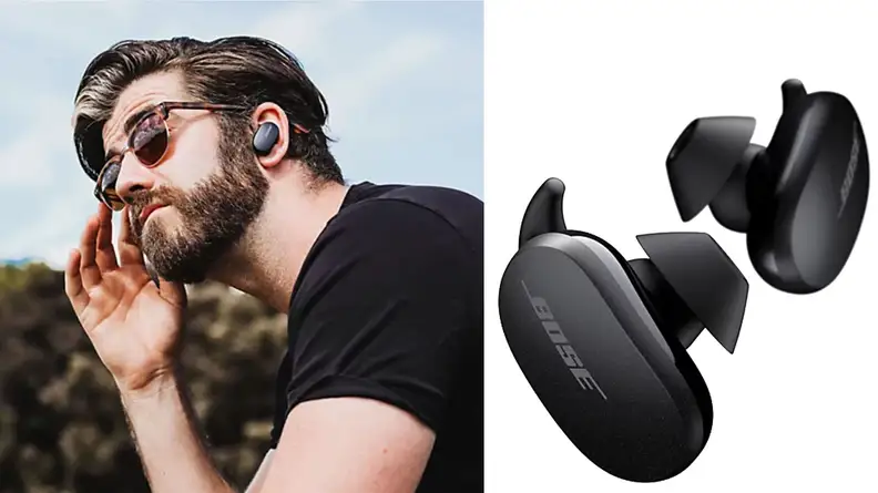 Black bose earbuds on man