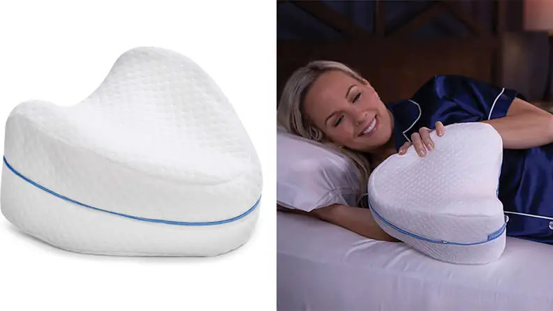 On left, heart-shaped memory foam pillow. On right, person laying heart-shaped memory foam pillow.