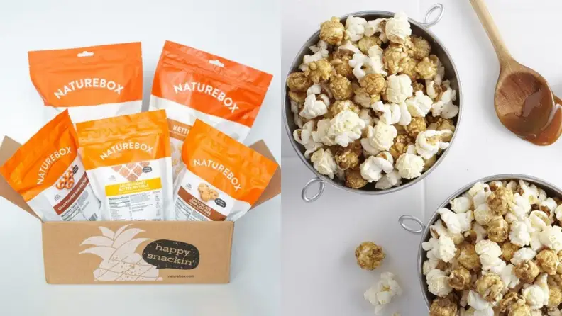 Left: A grouping of white and orange snack packages against a neutral off-white background. Right: A topdown photo of two dark-colored bowls filled with White Cheddar Caramel Popcorn.