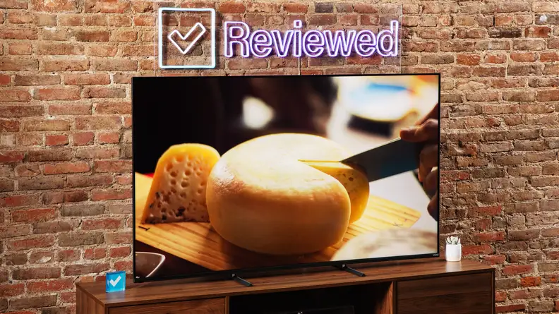 A picture of a cheese wedge displayed on a Vizio M-Series Quantum X TV.