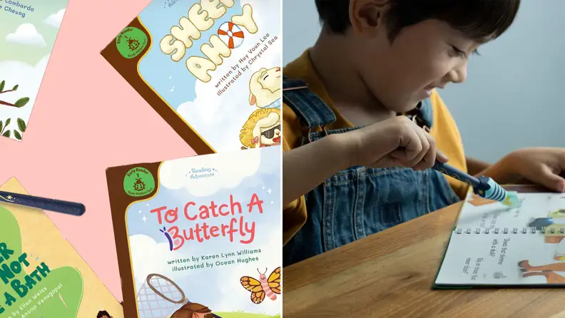 On left, scattered children's books. On right, child sitting at table while using pointer wand to follow along with words in book.