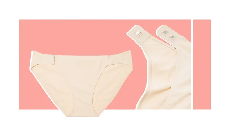 Product shots of a nude pair of VS Pink Adaptive Bikini Panty and a close-up view of the magnets.