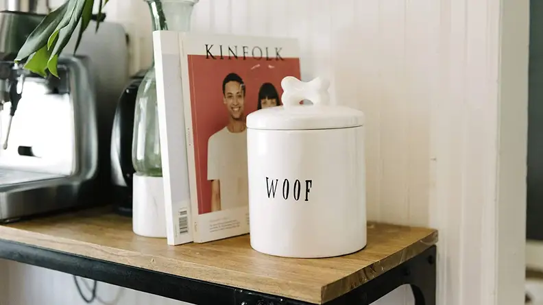 An image of a white jar of dog treats emblazoned with the word "Woof" sitting on a shelf.