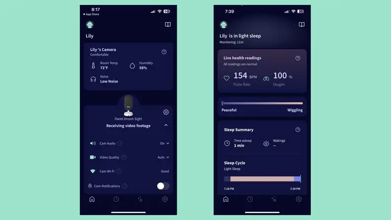 App controls of Owlet Dream showing camera and sock info.