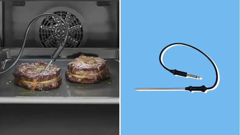 On left, Bosch's AutoProbe feature in two small steaks cooking in oven on pan. On right, single black AutoProbe.