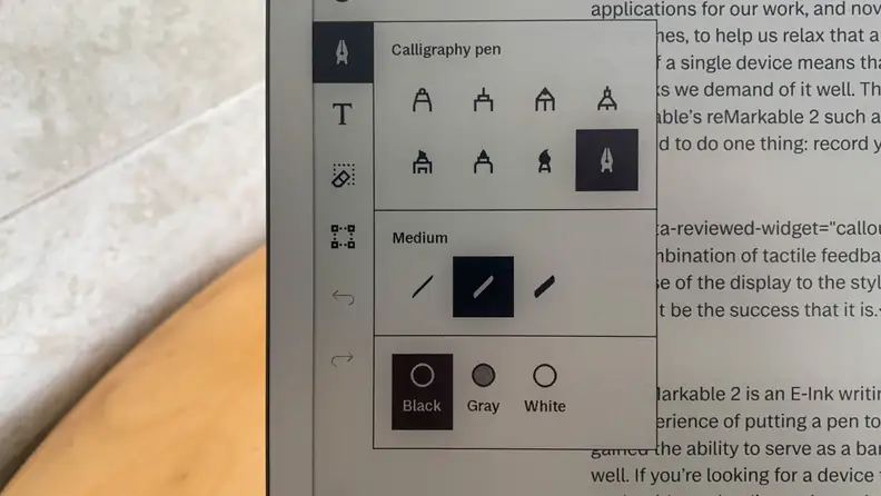 the reMarkable 2's selection of digital writing tools on display.