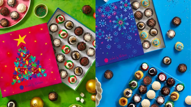 Two images of holiday cupcake boxes.