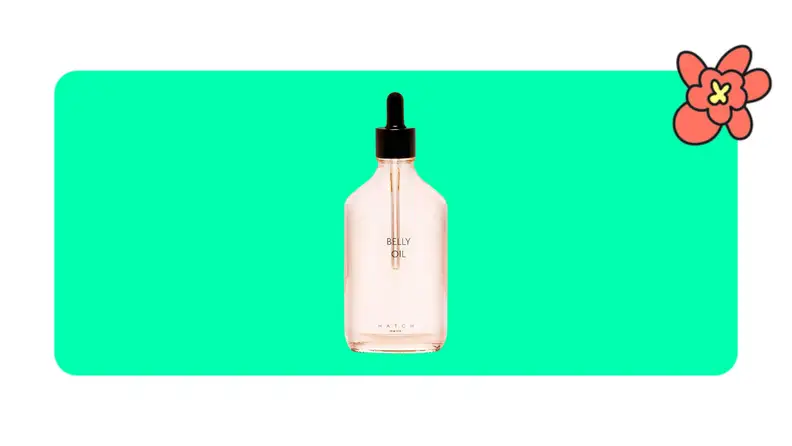 Product shot of a pink bottle of Hatch belly oil with an eyedropper applicator in front of a green background with a red cartoon flower in the corner..