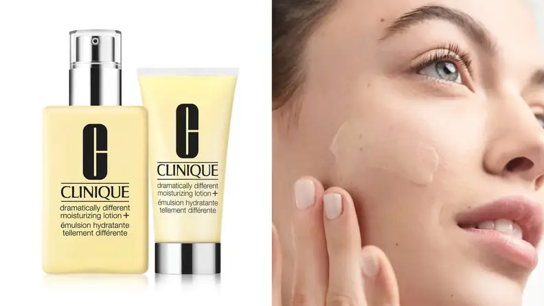On left, product shot of the yellow Clinique Dramatically Different Moisturizing Lotion+. On right, woman using hands to rub moisturizer into cheek.