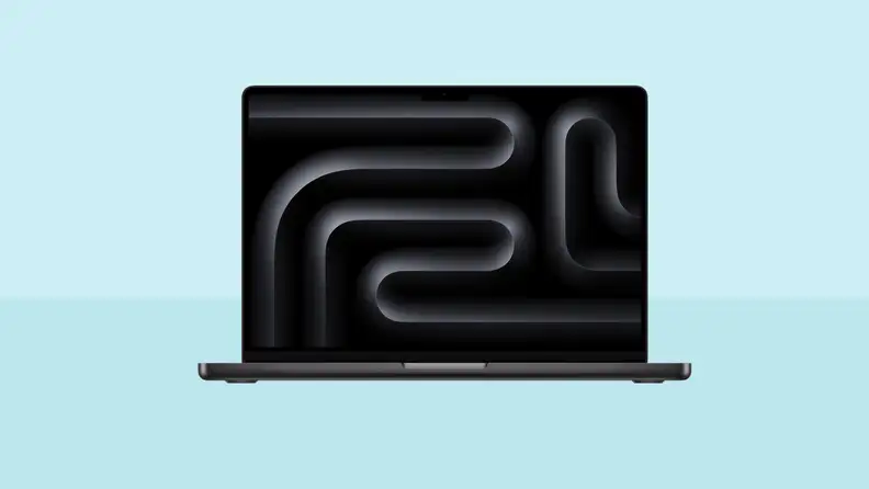 A MacBook Pro 16 M4 Max sits on a dual tone blue background