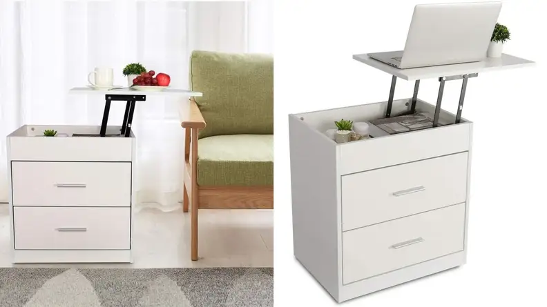 This small white nightstand has two large drawers, but the top surface lifts up for a heigh boost (it could probably serve as a standing desk in a pinch). You can also store items inside the top portion.