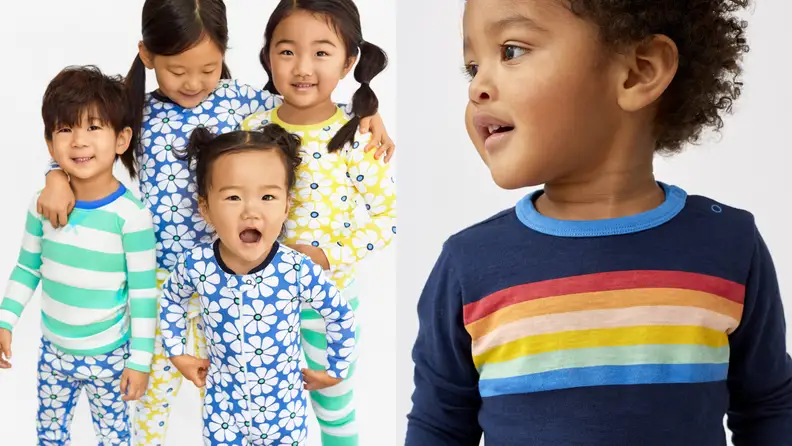 Left: Asian children siblings in similarly styled pajamas with blue, yellow, and green florals and stripes; a Black baby looking to the right wearing a long sleeved dark blue shirt with a rainbow wrapping around the chest