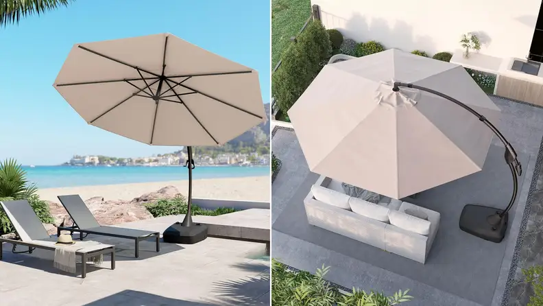 A tan Grand Patio Deluxe Napoli Curvy Offset Umbrella shades two chairs on a beach. At right, the umbrella is seen from atop.