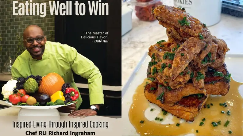 On left, Eating Well to Win cookbook cover. On right, chicken and waffles on a plate, covered in syrup and chives.