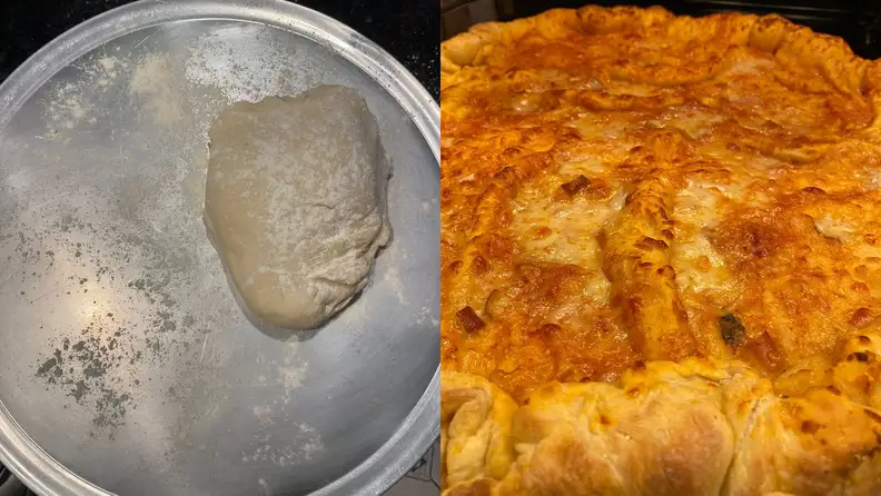 Two shots of dough and pizza.
