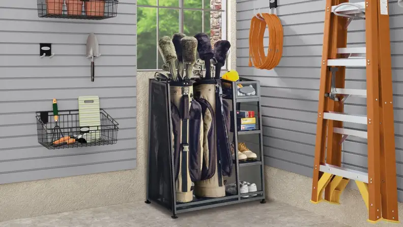 Golf organizer with golf clubs and accessories in a garage