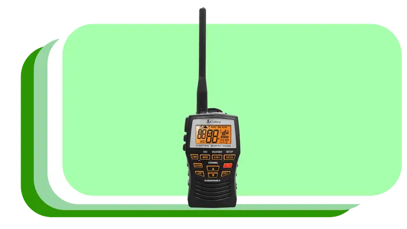 Black handheld walkie talkie with orange display screen and attached antenna.