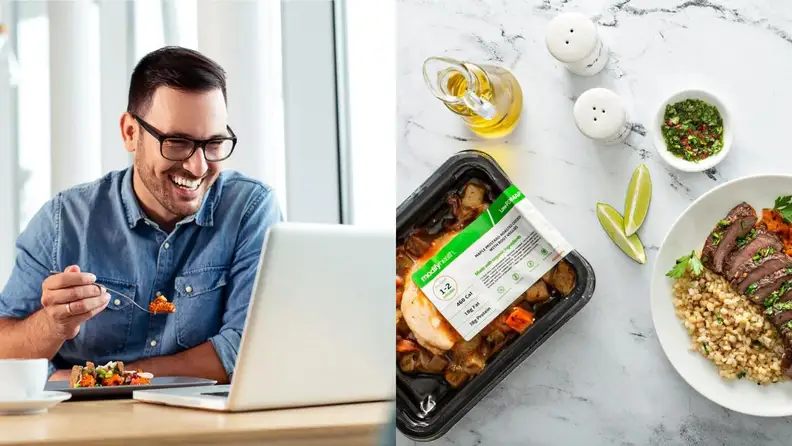 Left: person eating Modify Health meal while looking at a laptop. Right: surface with prepared and packaged Modify Health meals.