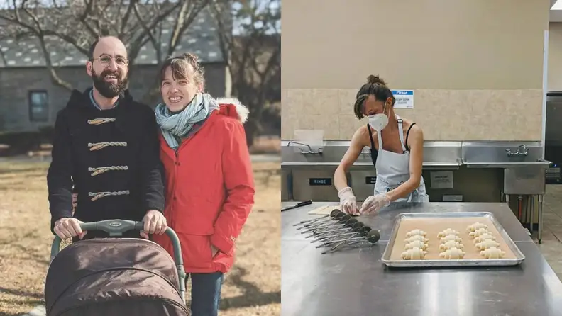 On left, Wildgrain founders Johanna Hartzheim and Ismail Salhi pushing a stroller. On irght, Hartzheim making croissants.