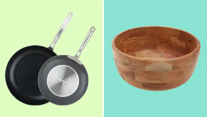 A Viking brand skillet against a light green background on the left. A wooden bowl on the right against a teal background.