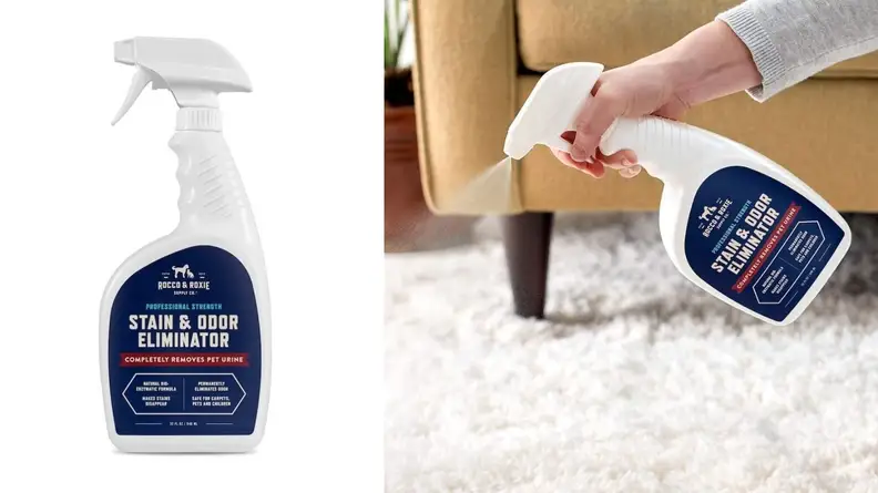 Left: carpet spray bottle on white background, right: hand spraying carpet cleaner bottle on carpet.