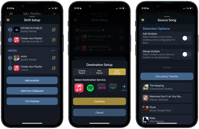 Three screenshots of the Songshift app, showing the completion of the setup process, setting up a destination, and initiating a full library transfer.