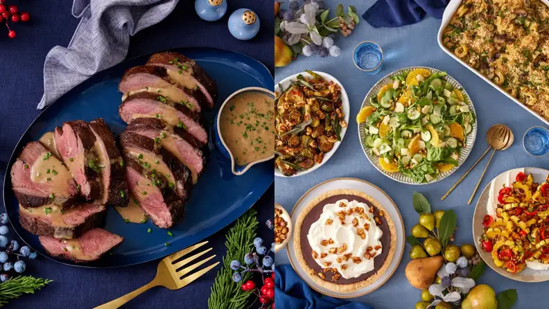 On left, sliced meat topped with gravy on a blue background. On right, a spread of holiday dishes on a blue background