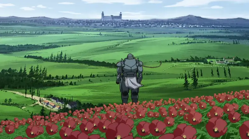 A still of Al from Fullmetal Alchemist Brotherhood standing in a field of flowers.