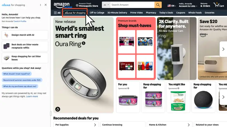 A screenshot of Amazon.com on desktop with the Alexa for Shopping panel open on the left side, showing suggested prompts and proactive shopping tips.