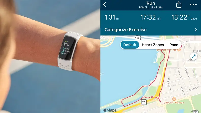 A woman looking at her Fitbit Charge 5 on her wrist.