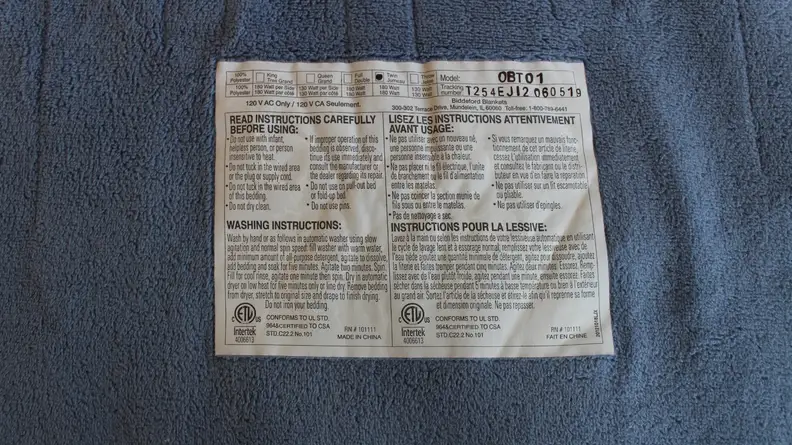 The instructions and warnings on an electric blanket.
