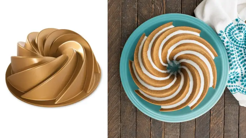 Nordic Ware bundt cake pan next to a cake made from the pan