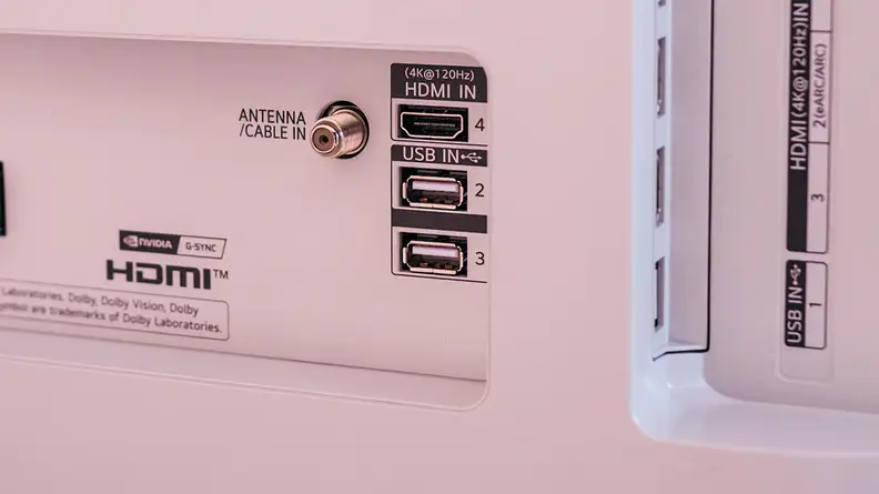 A close-up of the HDMI ports on the back of the LG C1's panel