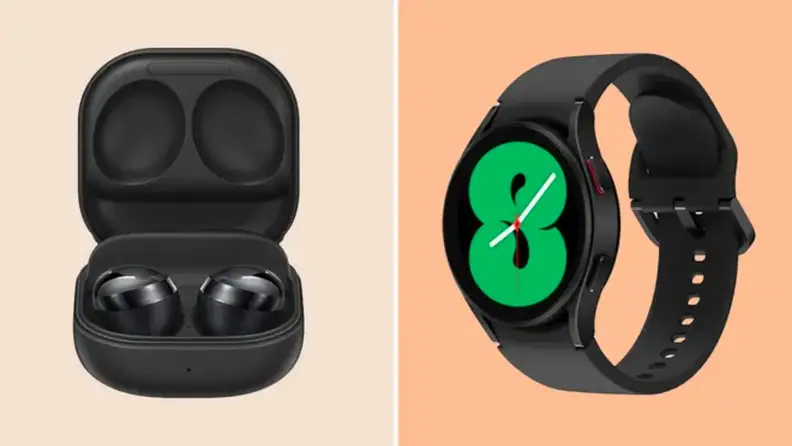 A pair of black earbuds shown next to a Samsung smartt watch.