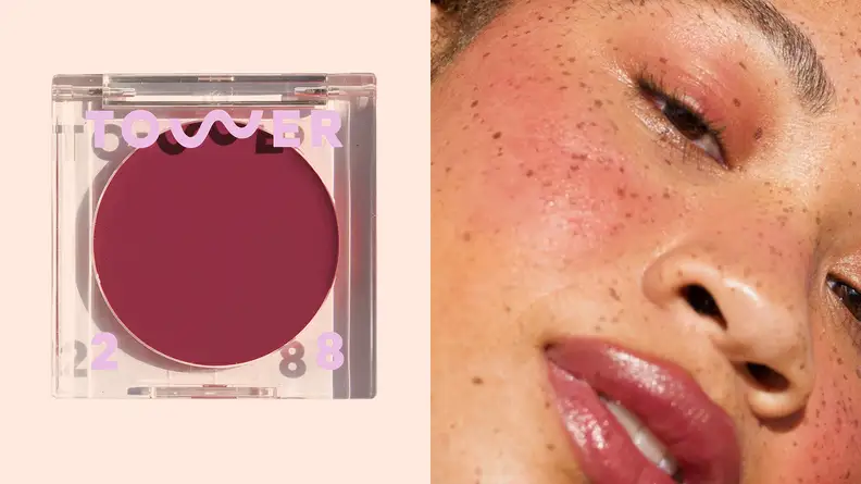 On the left: The clear compact of the Tower 28 BeachPlease Lip + Cheek Cream Blush sits on a light pink background. Through the transparent packaging, you see a magenta shade of blush. On the right: A closeup of a person's face wearing a purple blush on their cheeks.