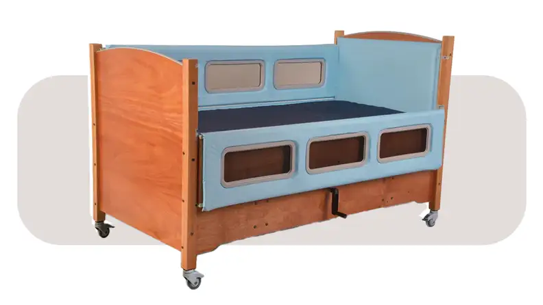Product shot of the wooden Sleepsafe Bed frame with wheels attached to the bottom.