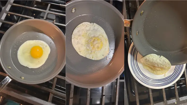 Demonstrating the process of frying an egg in a nonstick All-Clad pan.